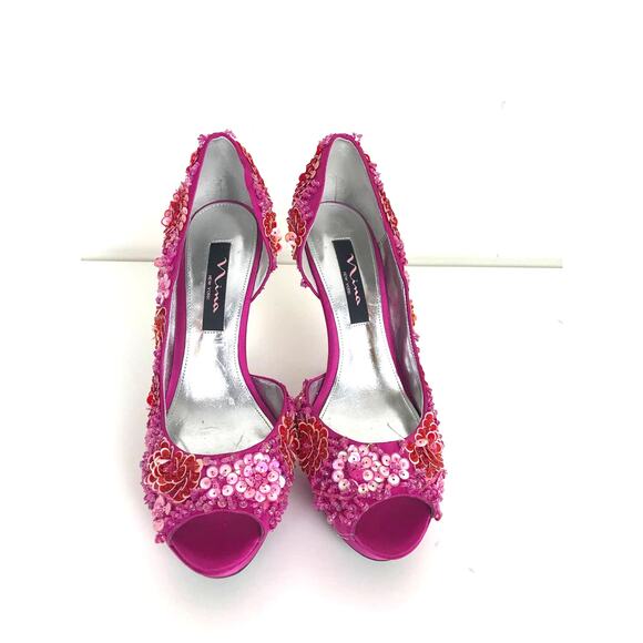 Nina Sadi Fuchsia Flower Sequins Platform High Heel Peep Toe Sandals Size 8 - Picture 2 of 8